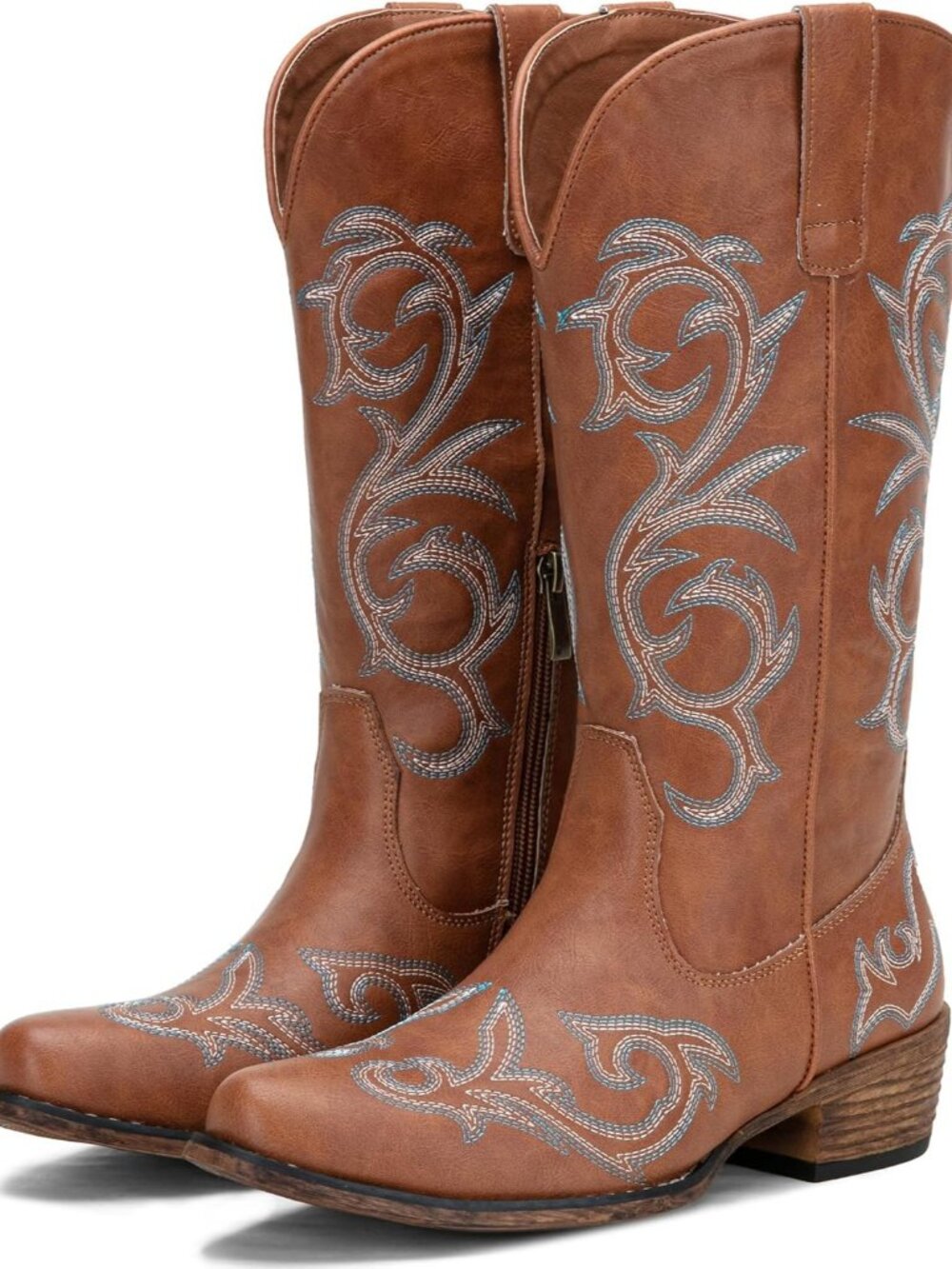 Women's Brown Wide Calf with Low Chunky Heel Cowgirl Western Embroidered Boots